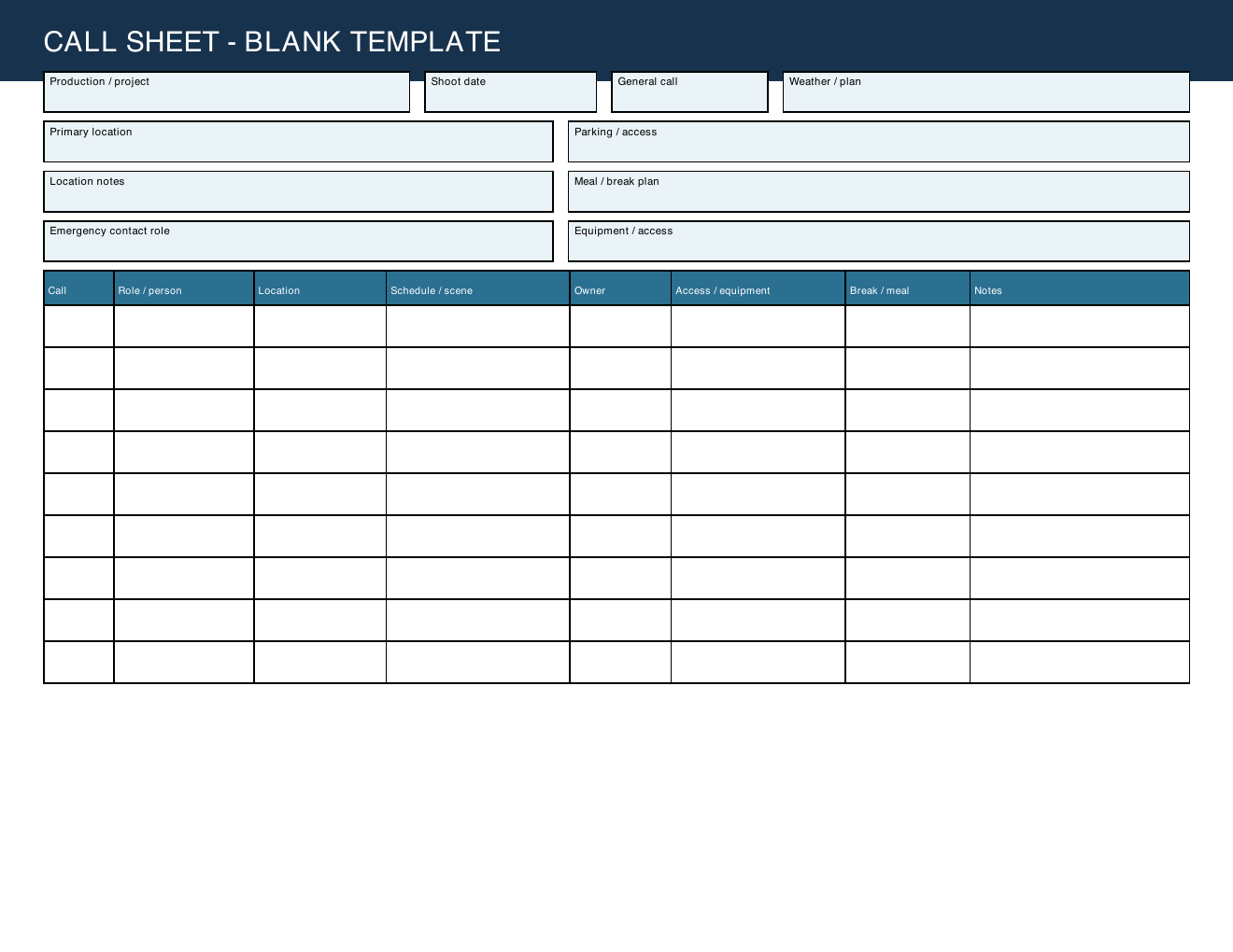 Blank call sheet with production details and scheduling rows