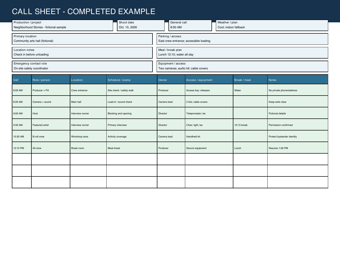 Completed fictional call sheet example