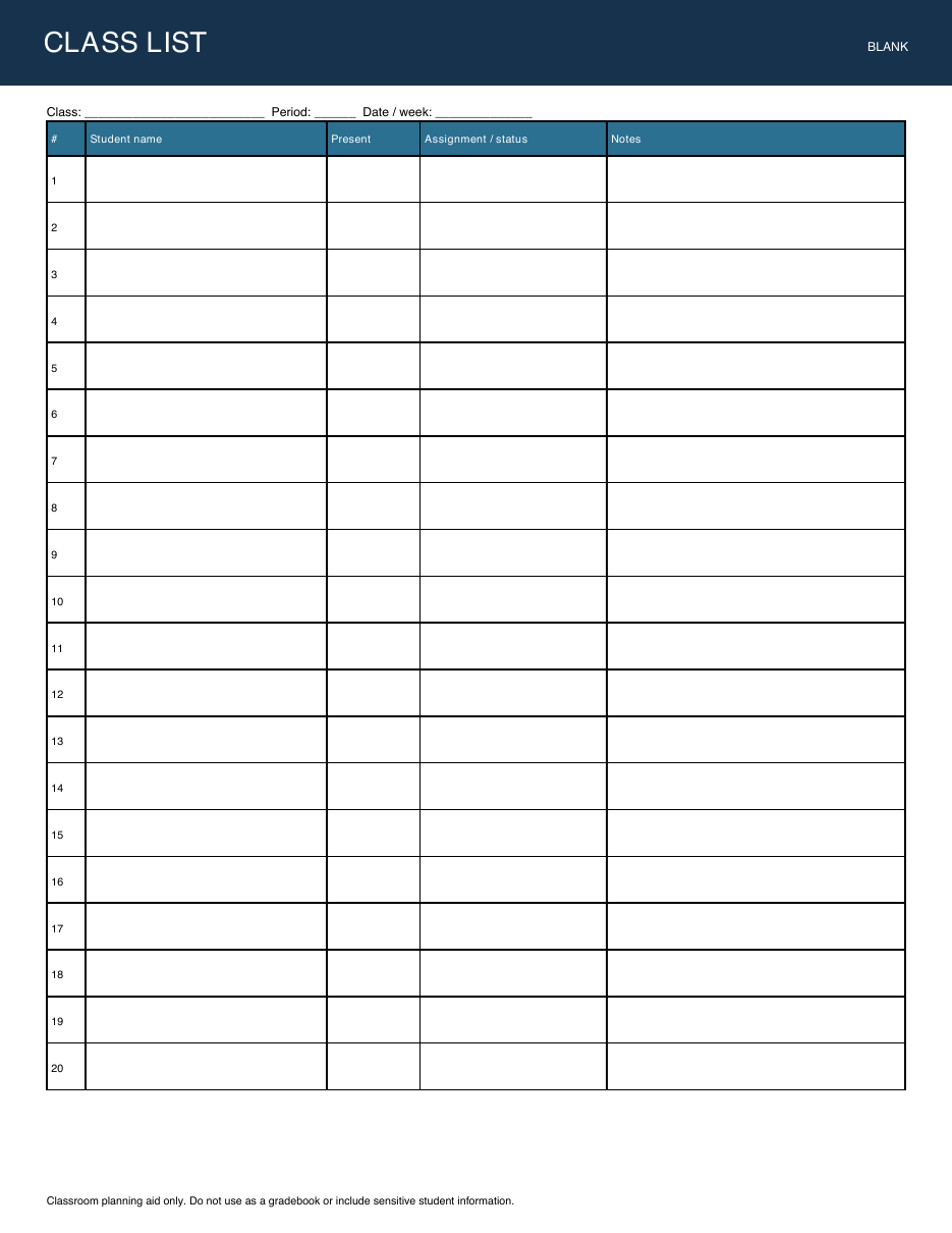 Preview of blank class list PDF
