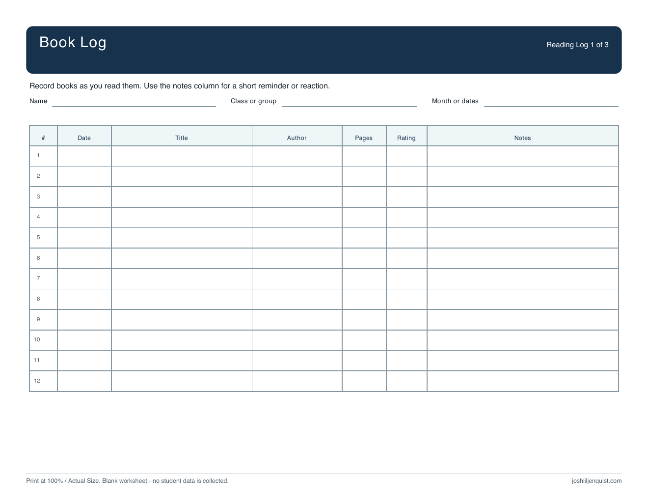 Preview of the Book Log page with columns for date, title, author, pages, rating, and notes