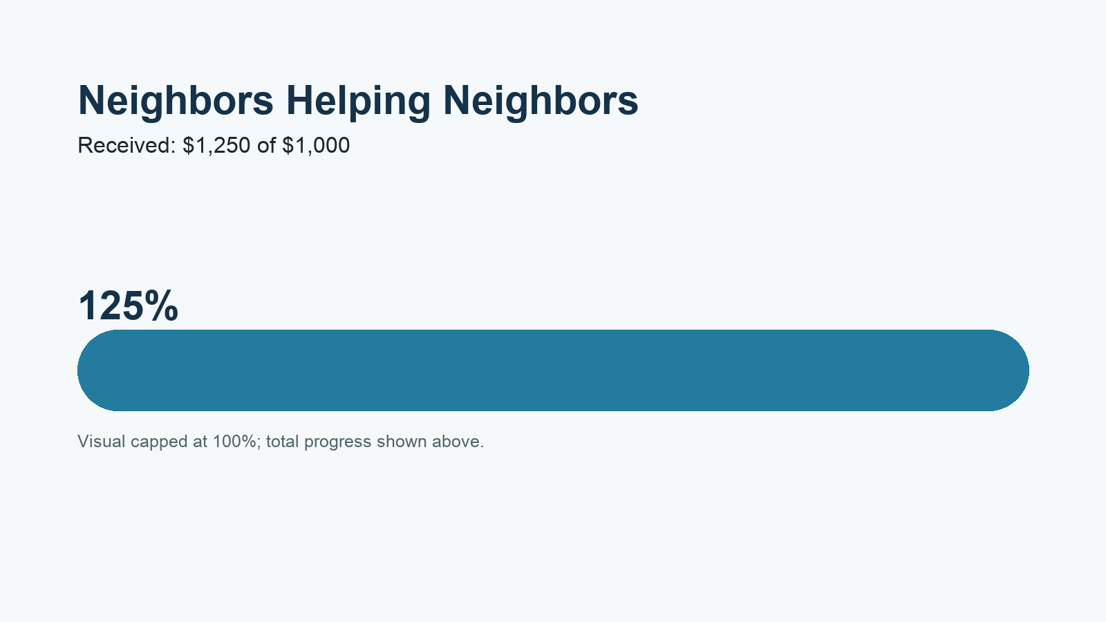 Landscape fundraising progress example showing 125 percent with a visually capped bar