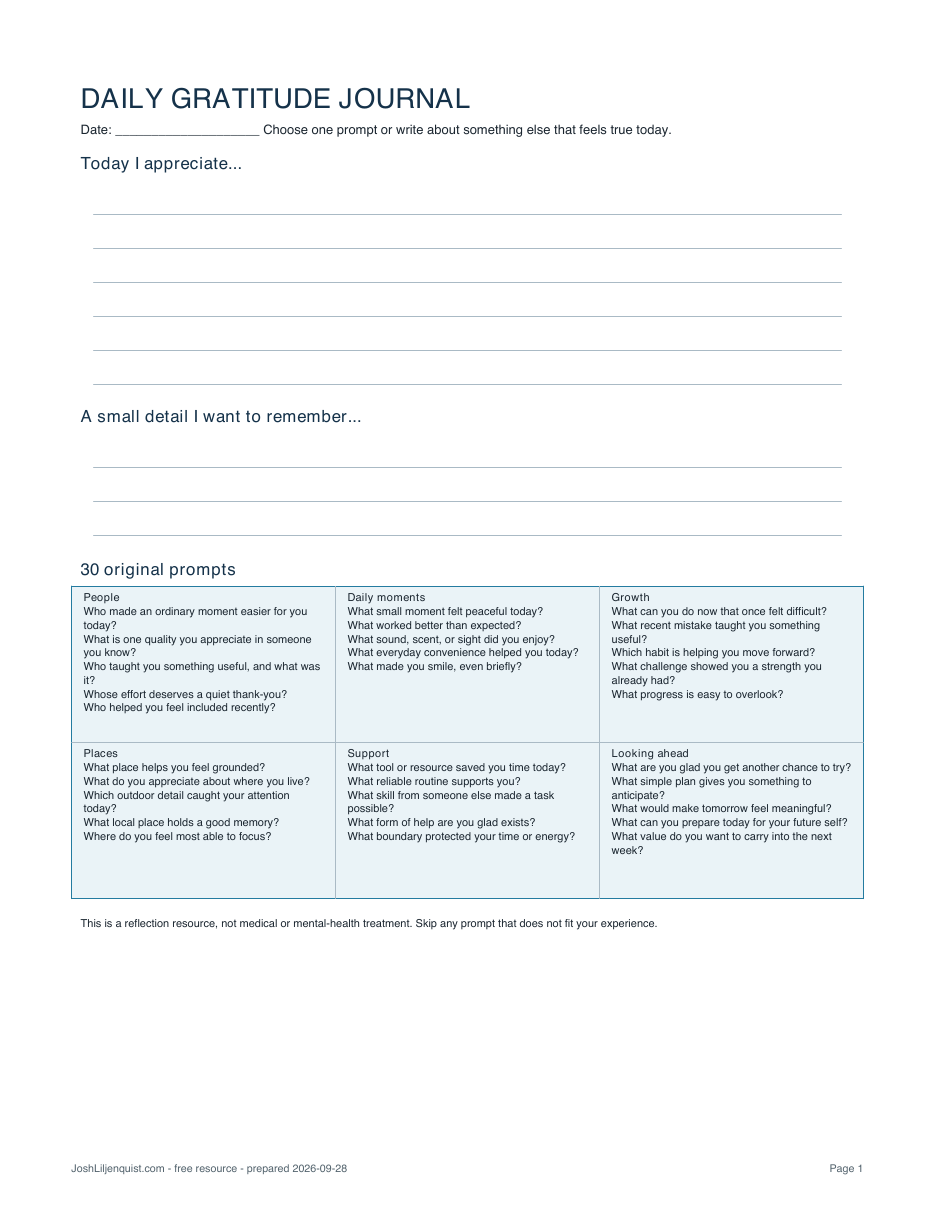 Preview of the daily gratitude journal PDF