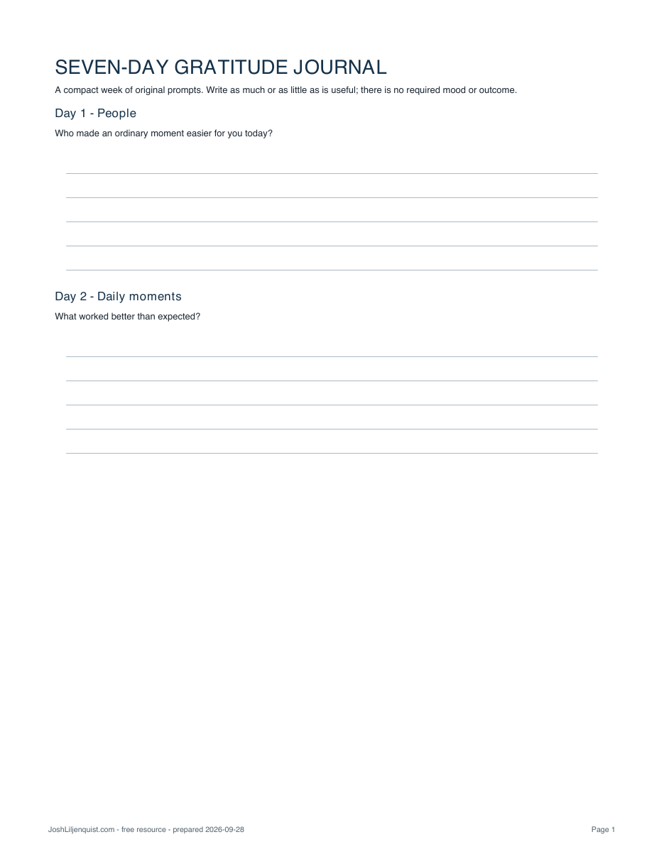 Preview of the first page of the seven-day gratitude journal PDF