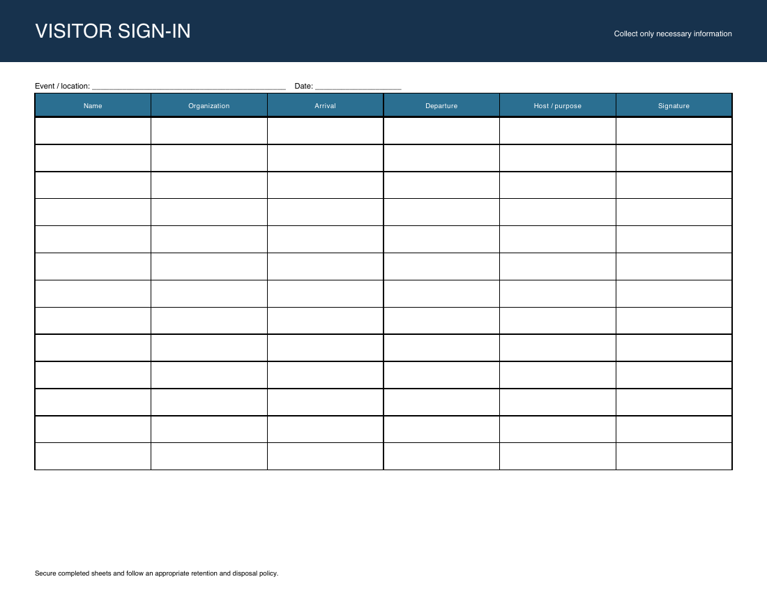 Preview of the actual visitor Letter sign-in sheet
