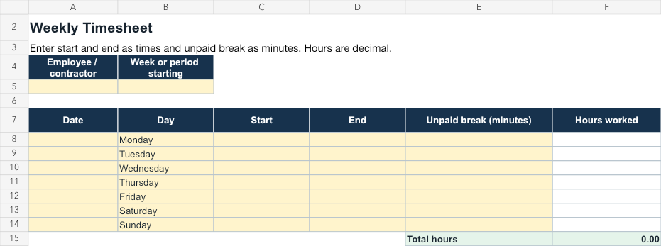 Preview of the actual weekly timesheet workbook