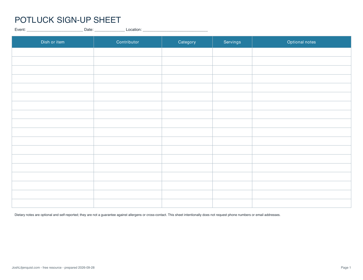 Preview of the actual printable potluck sign-up sheet