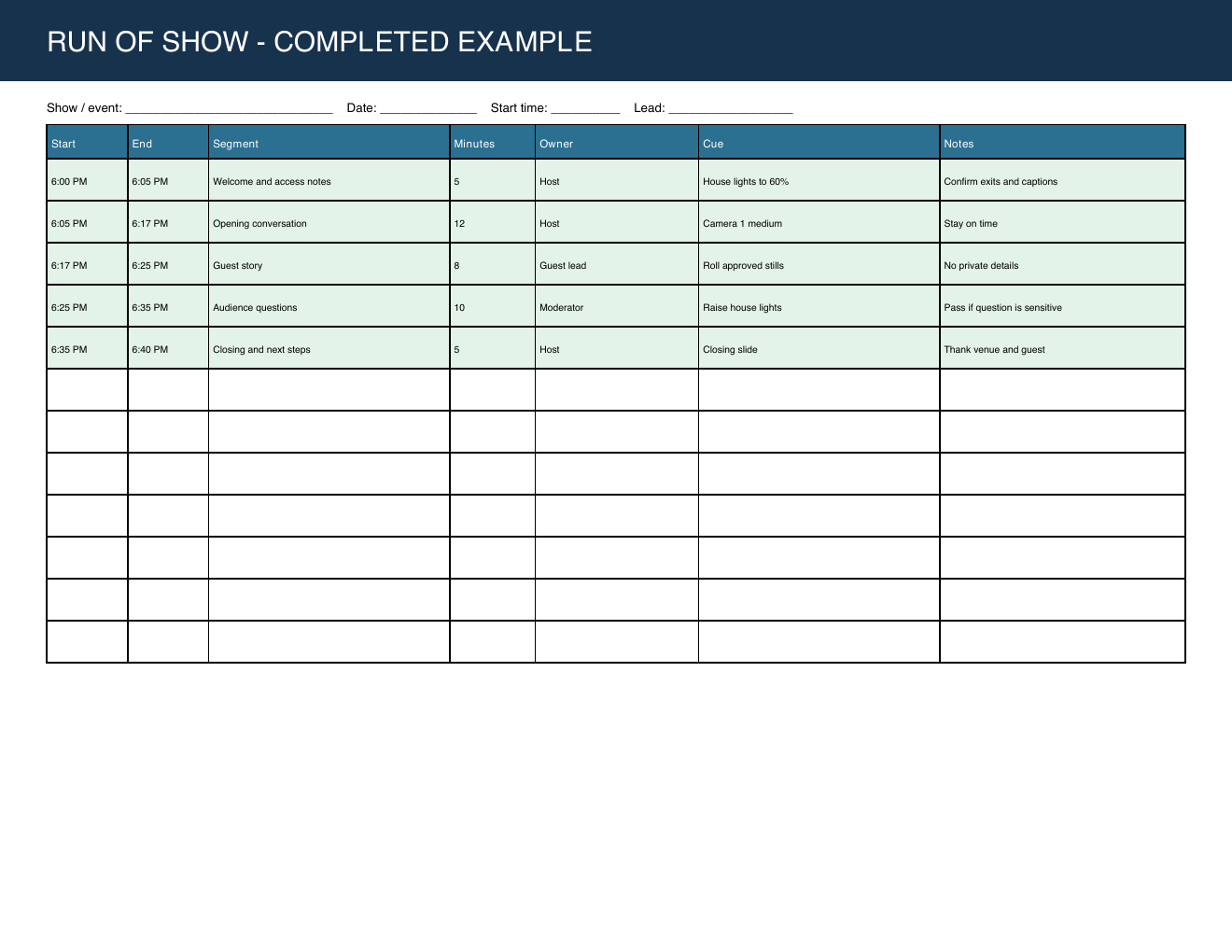 Completed fictional run of show printable