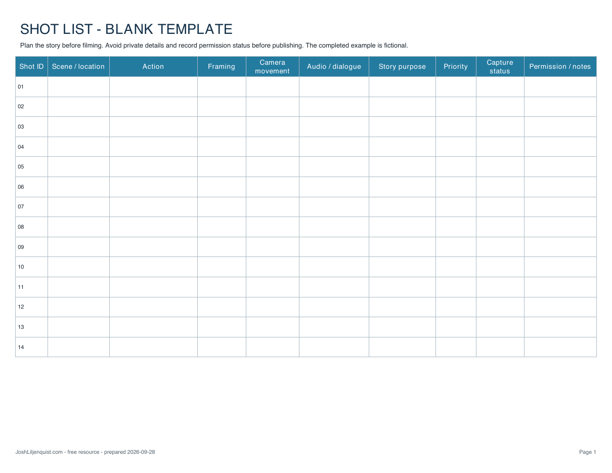 Preview of the blank shot list PDF with fourteen empty rows