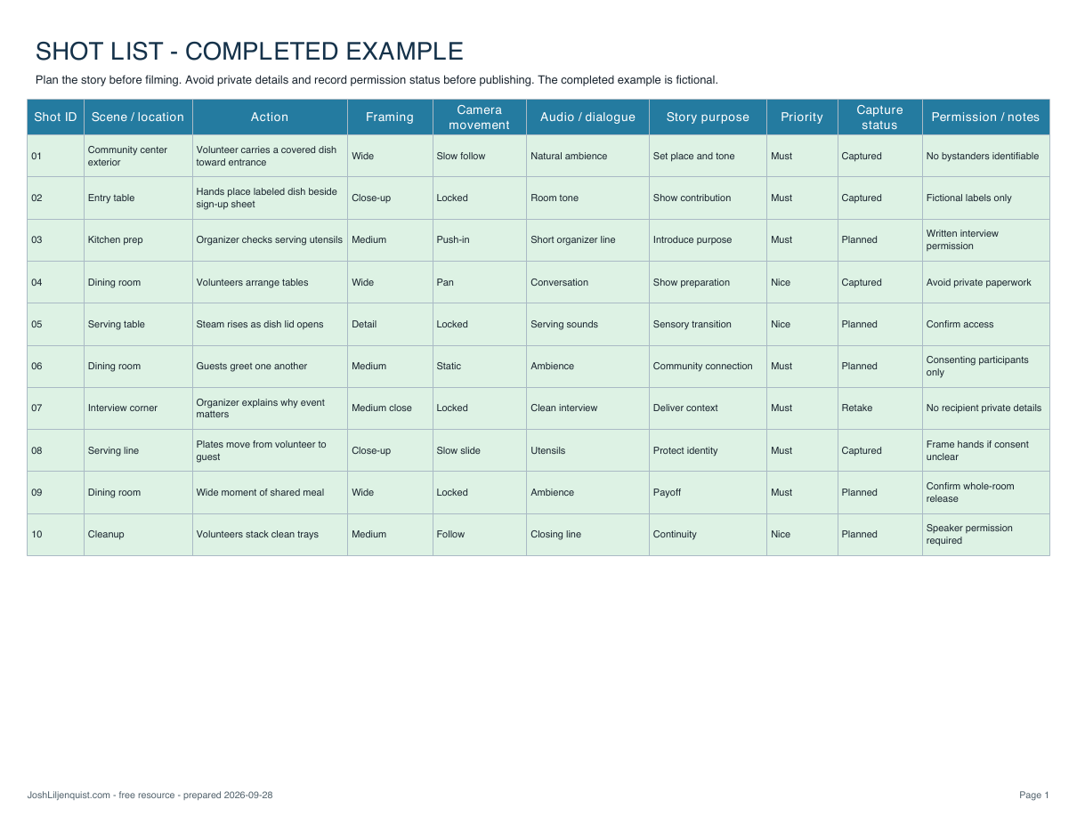 Preview of the completed fictional shot list PDF