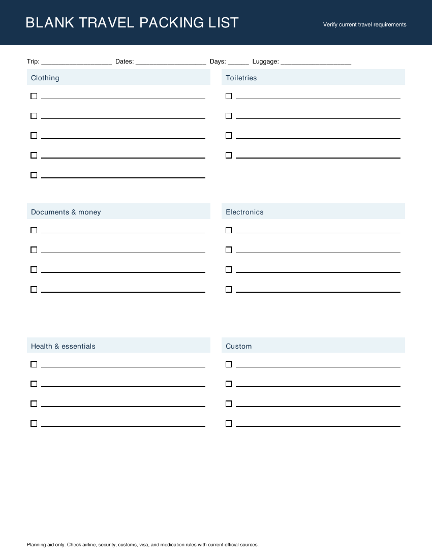 Preview of the actual blank Letter packing list PDF