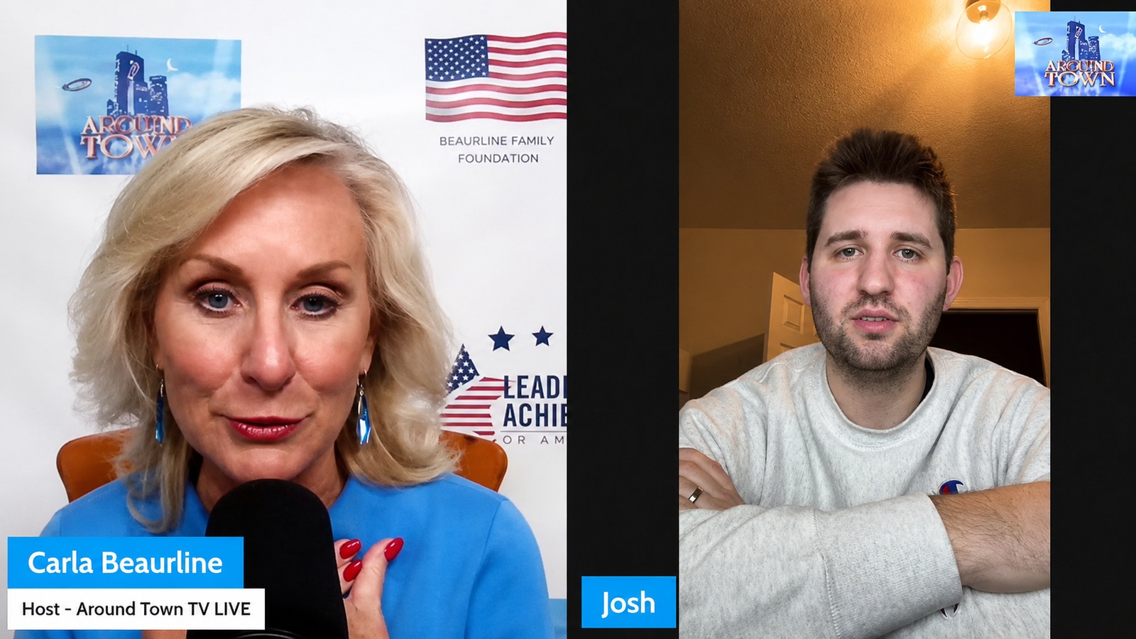 Around Town TV host Carla Beaurline interviewing Josh Liljenquist in a split-screen remote video interview.