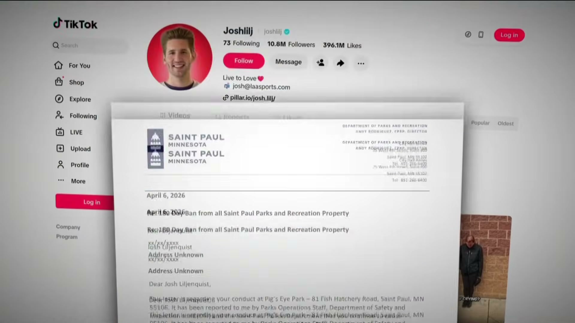 Josh Liljenquist shown alongside the St. Paul Parks restriction letter during KARE 11’s short report.