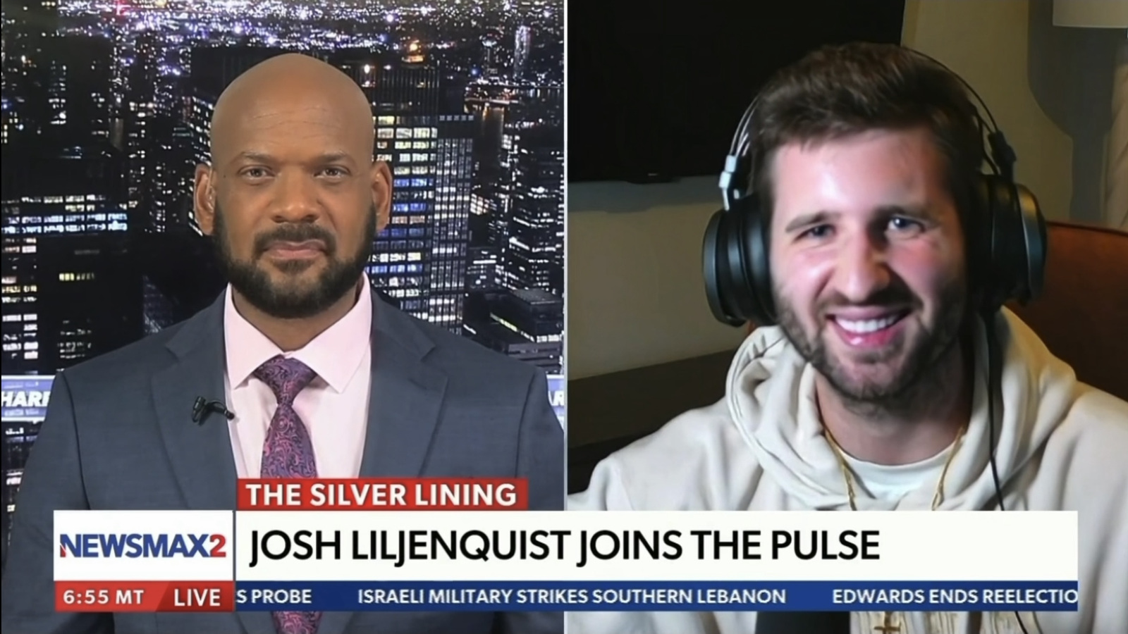 David J. Harris Jr. interviews Josh Liljenquist in a split-screen Newsmax2 segment with the lower third Josh Liljenquist Joins The Pulse.