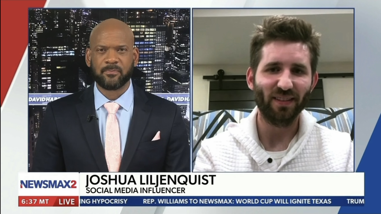 David J. Harris Jr. and Josh Liljenquist appear in a split-screen Newsmax2 interview about the St. Paul parks dispute.