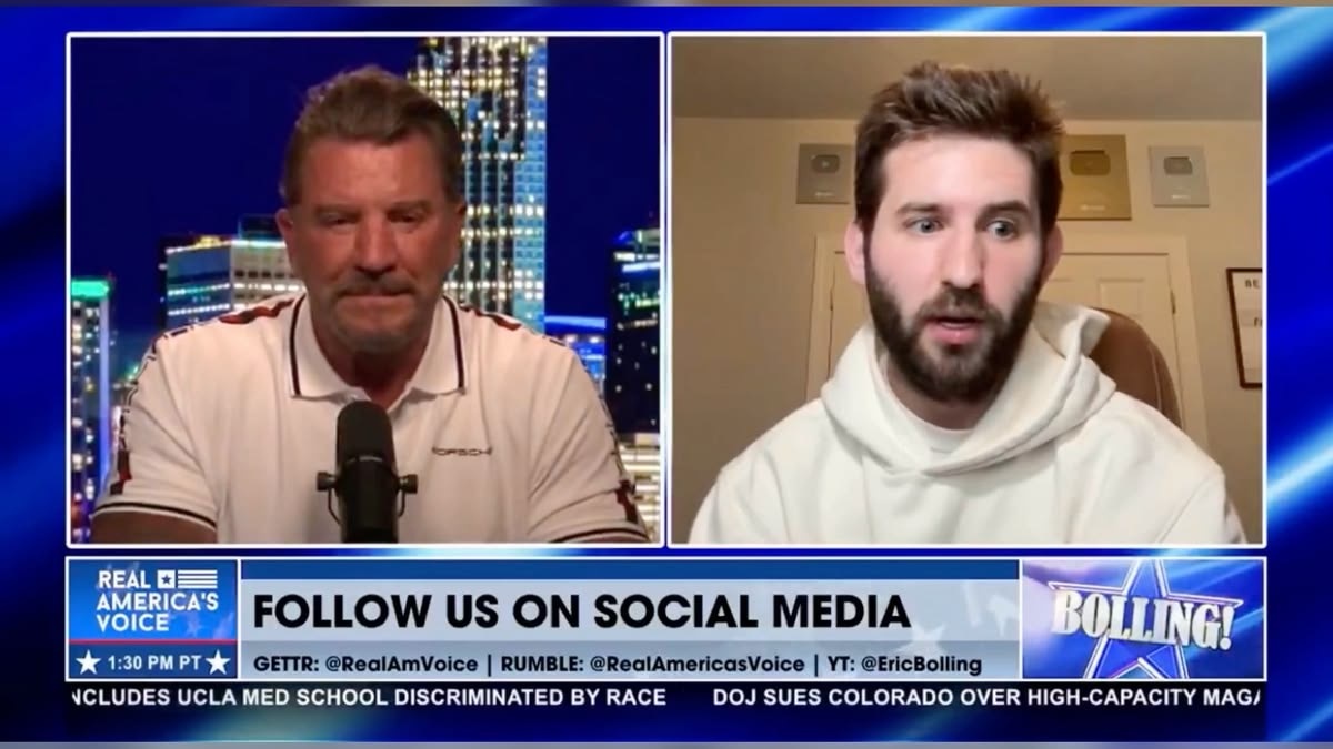 Eric Bolling interviews Josh Liljenquist in a split-screen Real America’s Voice BOLLING! television segment.