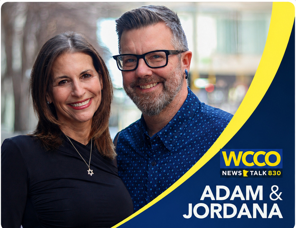 WCCO News Talk 830 hosts Jordana Green and Adam Carter in the official Adam and Jordana show artwork for their interview with Josh Liljenquist.