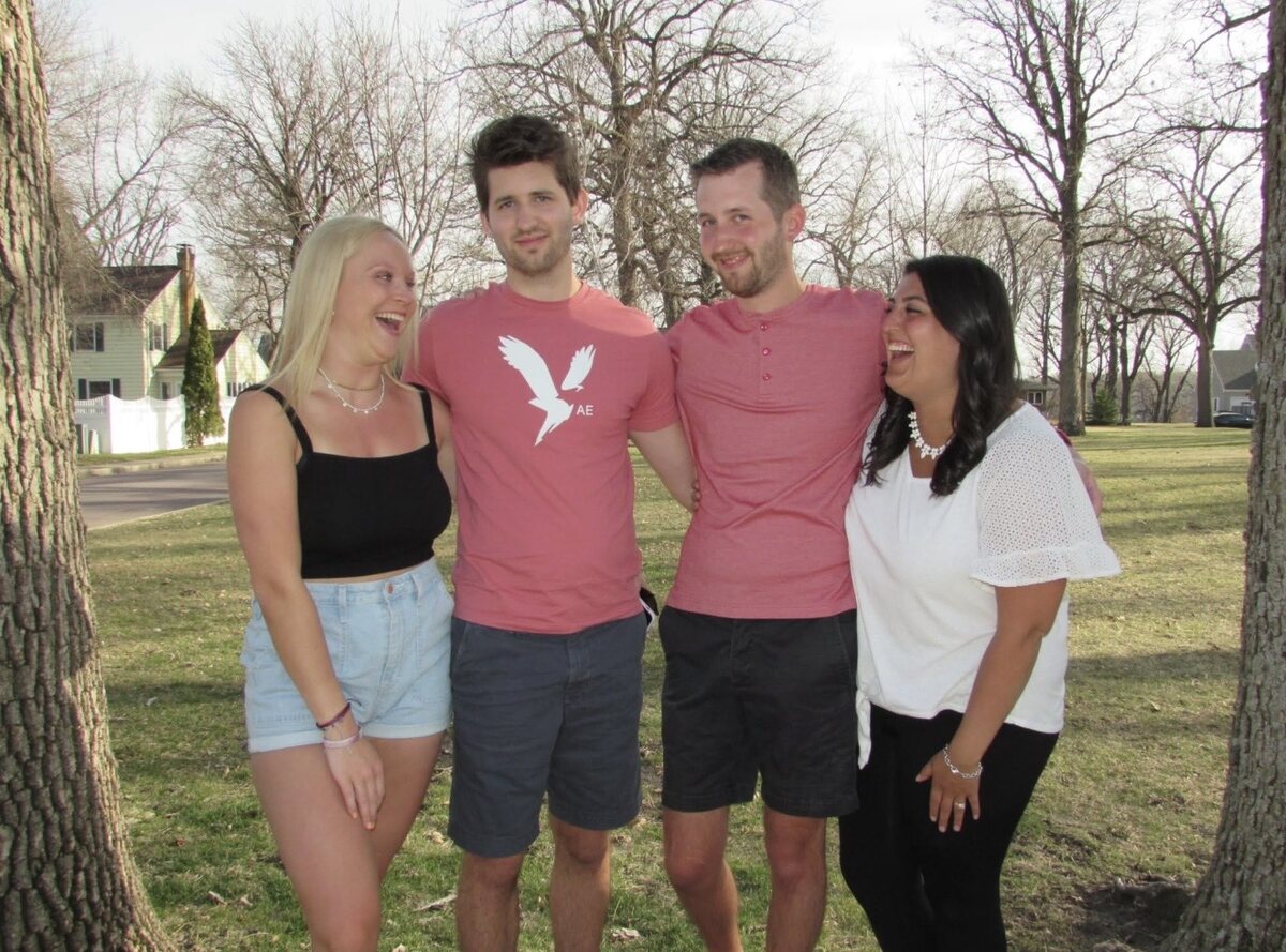 Josh and Ingrid Liljenquist laughing with Jacob and Lauren Liljenquist during a family gathering.