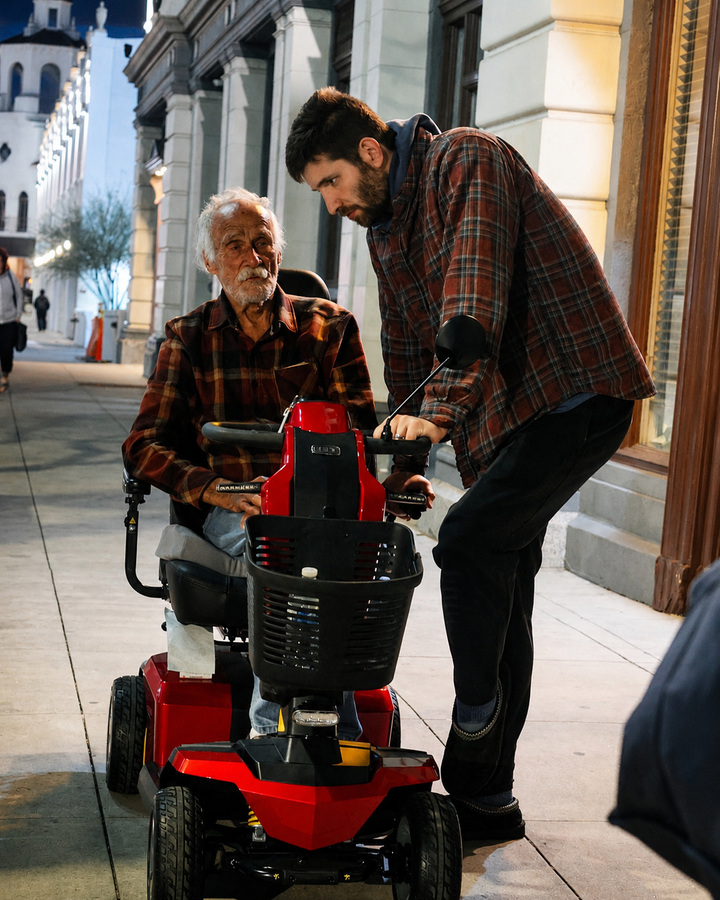 Josh Liljenquist standing beside Chuck on a red mobility scooter in Riverside, California