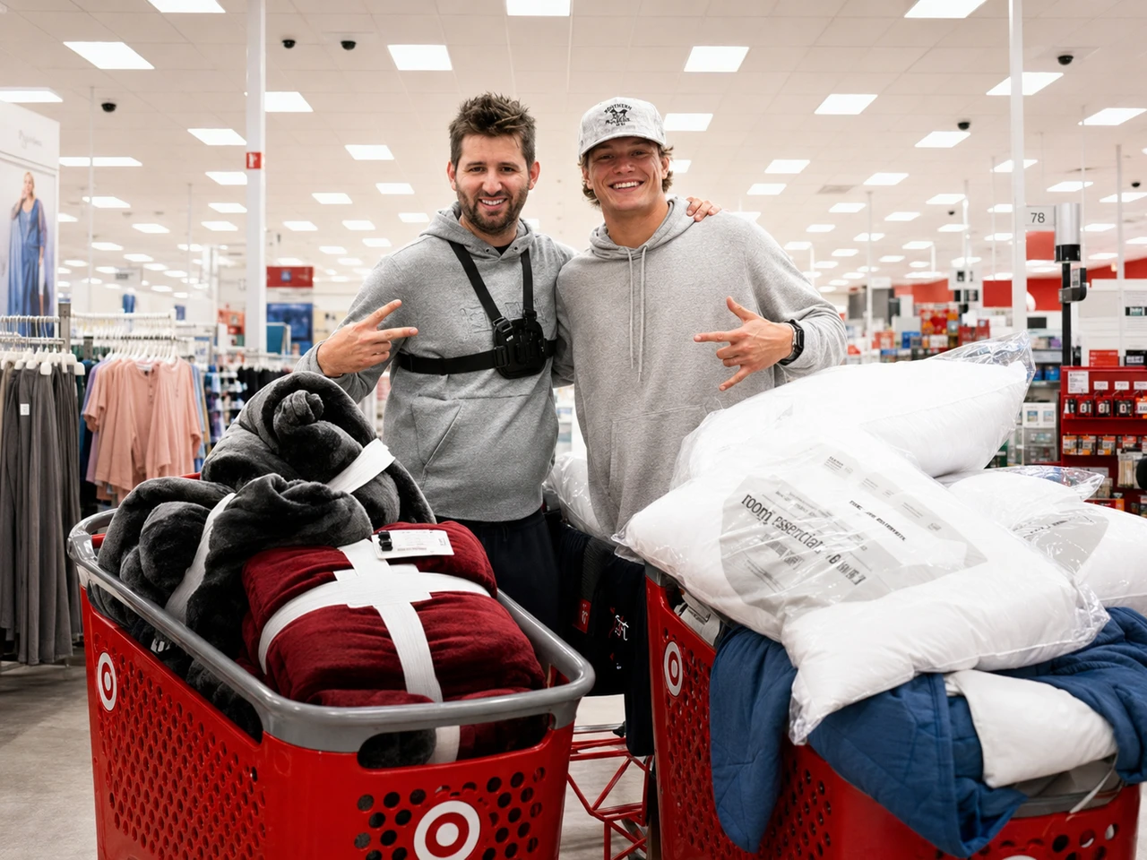 Josh Liljenquist and J.J. McCarthy with carts of community-support supplies at Target.