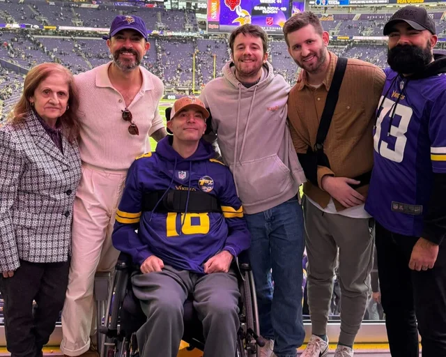 Josh Liljenquist and ItsSozzer with guests during a Vikings field experience.