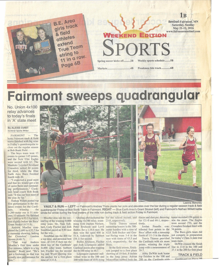 Fairmont Sentinel sports page reporting Josh Liljenquist’s 10.9-second 100-meter dash that tied Fairmont’s school record in 2016