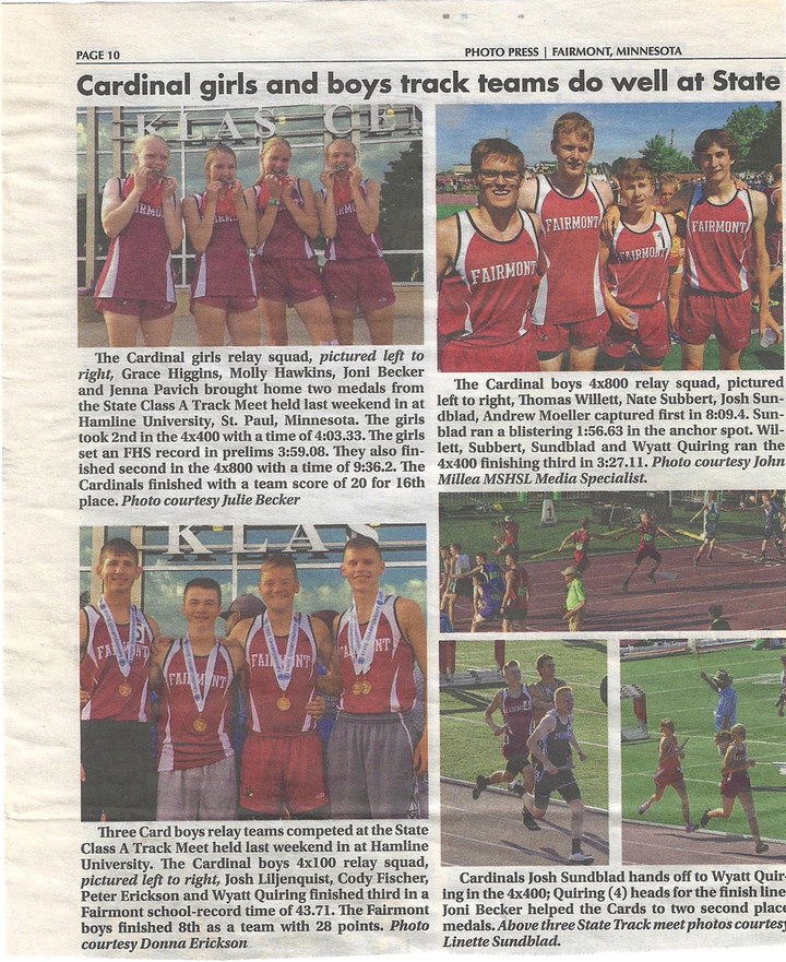 Photo Press page showing Josh Liljenquist with Fairmont’s 4×100 relay team after its third-place state finish in a school-record 43.71 seconds