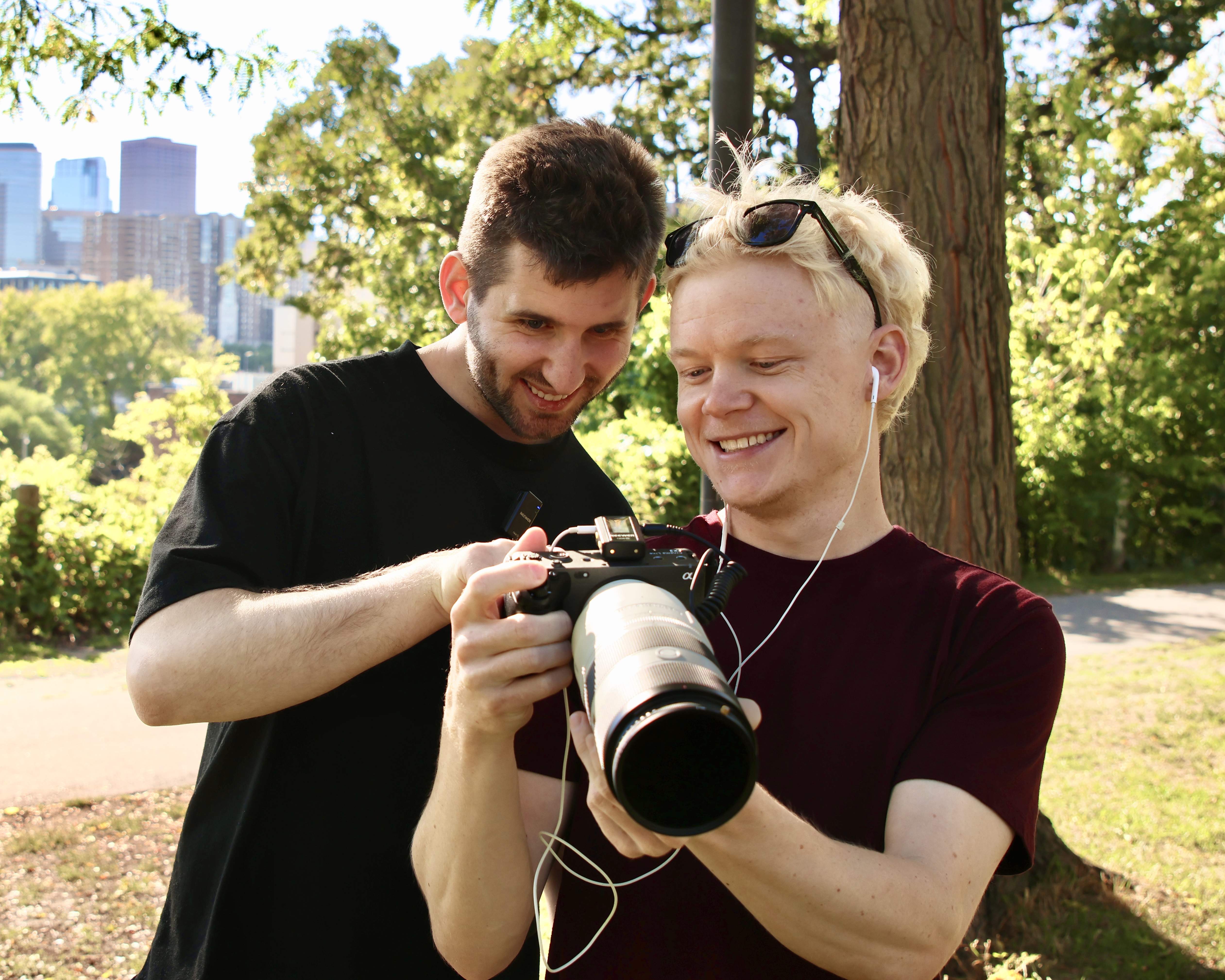 Josh Liljenquist and Ben Steine reviewing video footage during production in Minneapolis