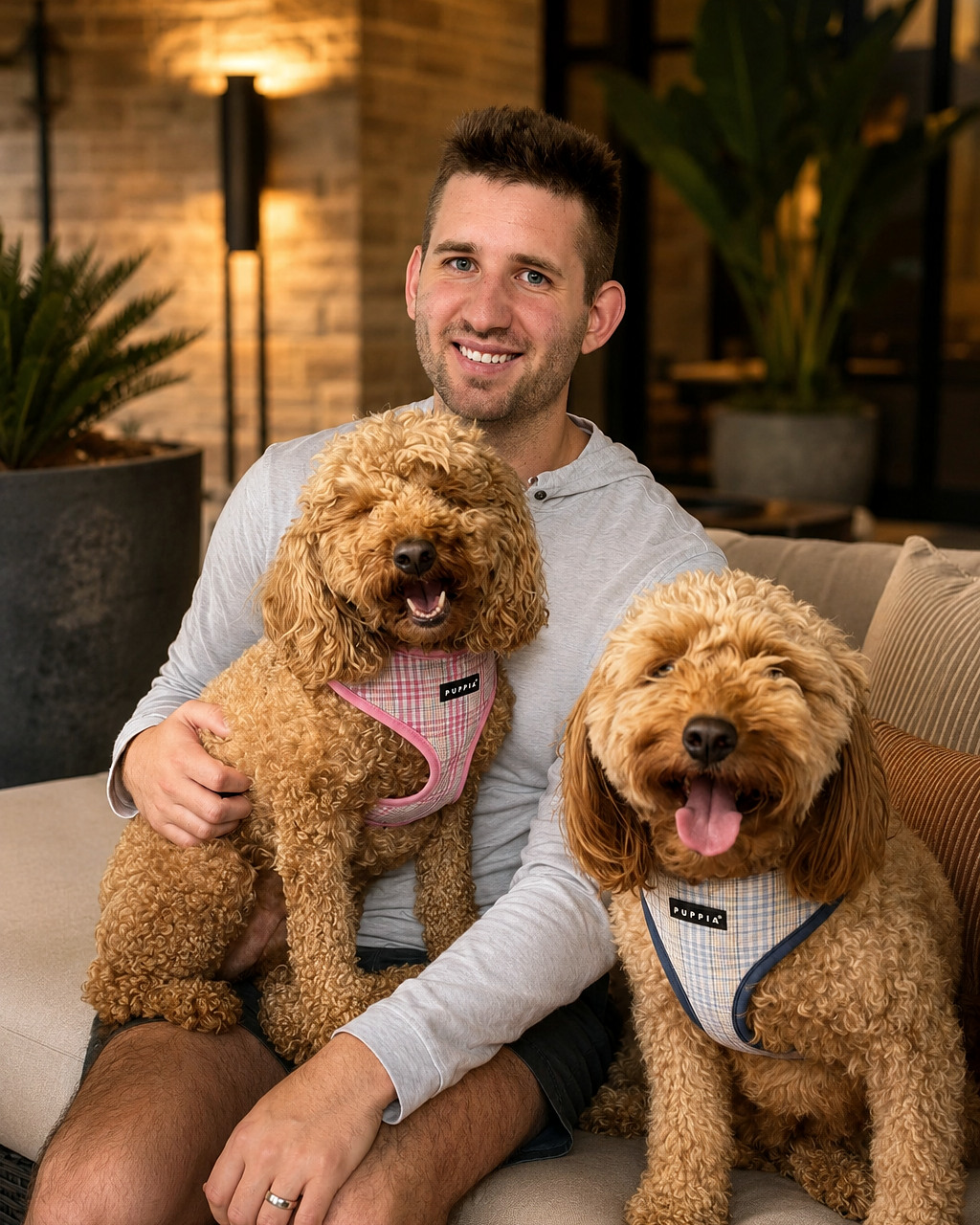 Josh Liljenquist, known online as JoshLilj, seated with two curly-haired dogs in a polished lounge setting