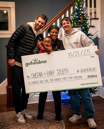 Josh Liljenquist and collaborators standing with a woman and baby beside a GoFundMe presentation check