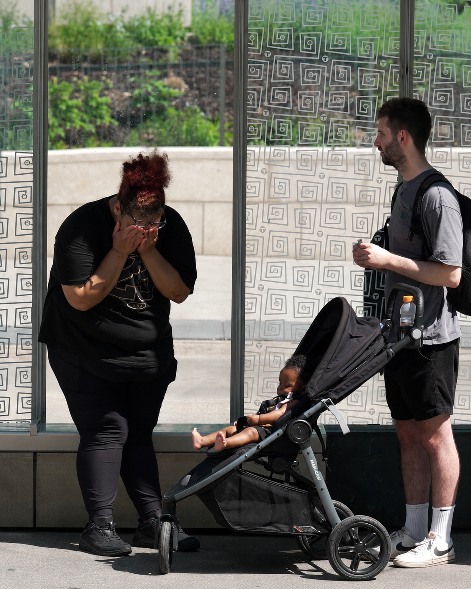 Disclosed editorial composite showing Josh Liljenquist near a stroller as a parent reacts emotionally during the same documented interaction