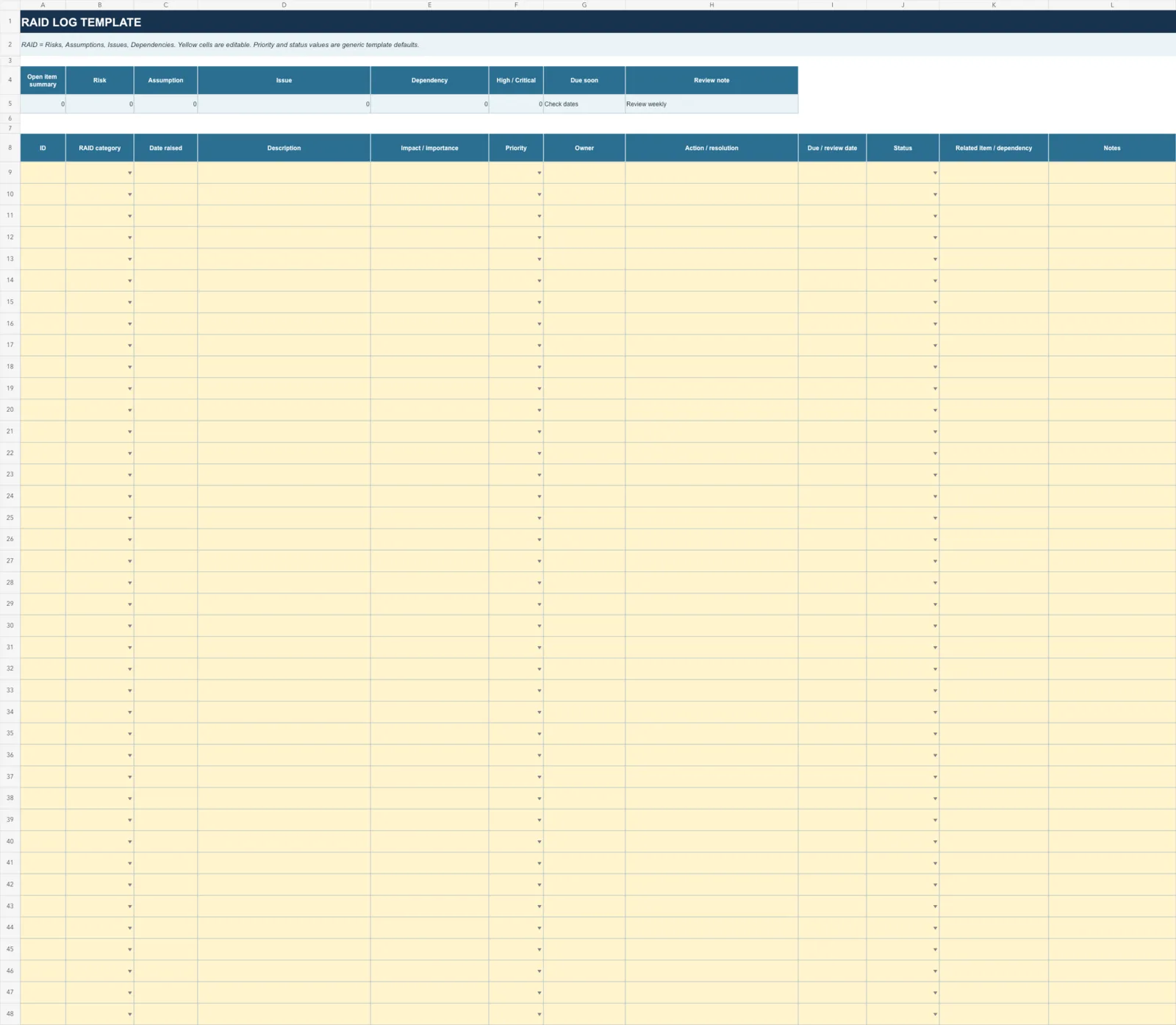 Preview of the actual blank RAID log worksheet with summary counters and forty editable rows.