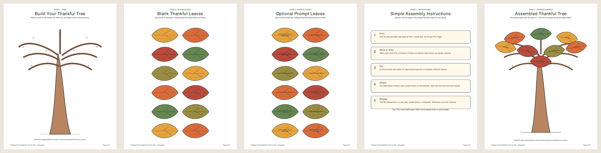 All five actual Letter color PDF pages: tree, blank leaves, prompt leaves, instructions, and assembled example