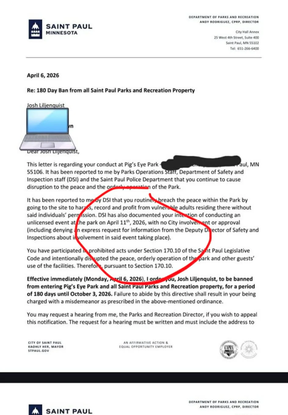 City-produced evidence copy showing the same red-circle annotation around the April 11 paragraph.