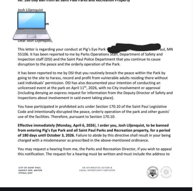 Publicly posted screenshot of the Saint Paul park-exclusion letter without a red-circle annotation.