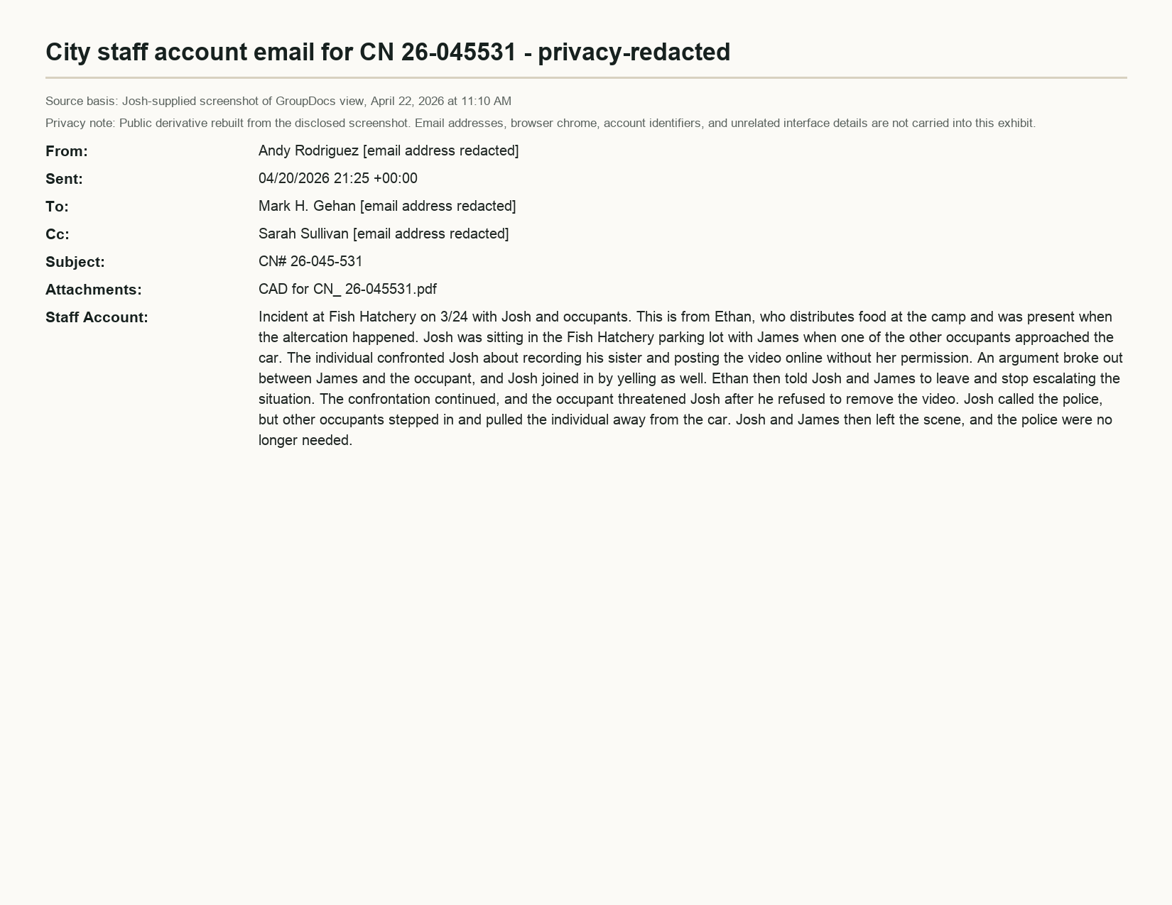 Privacy-redacted public exhibit preview of the April 20 City staff account email for CN 26-045531.