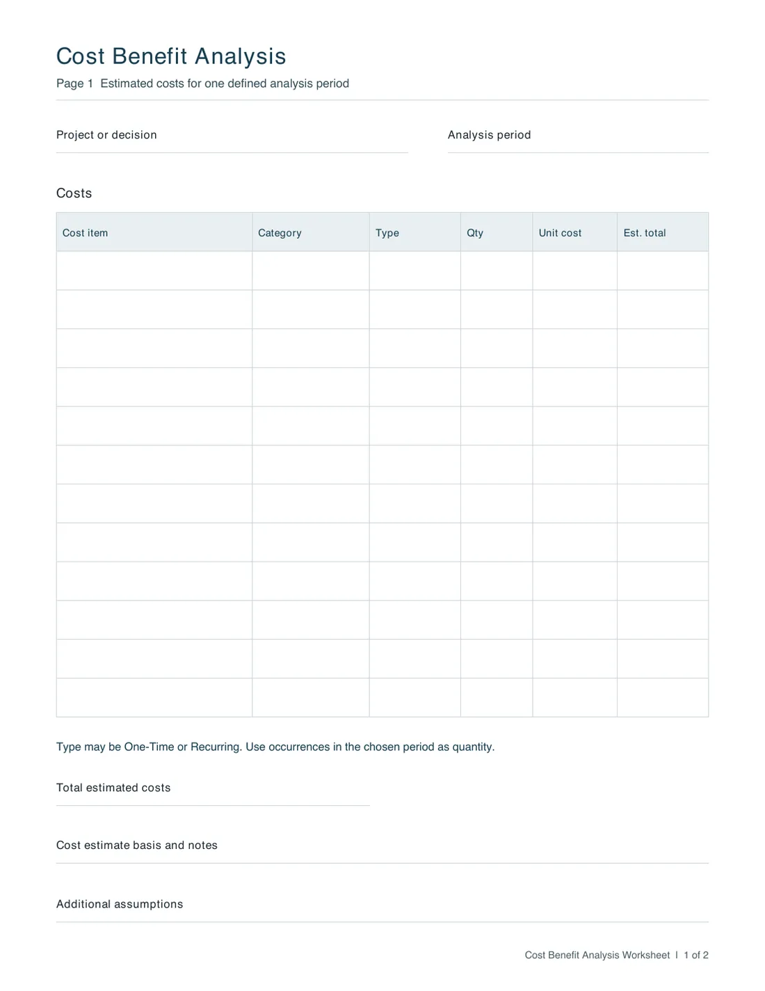 Actual first page of the Letter cost-benefit worksheet PDF with blank cost and benefit rows