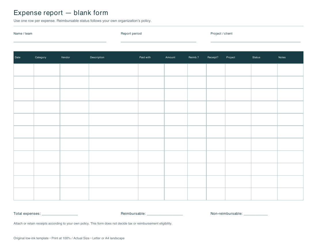 Blank expense report with date, category, vendor, description, payment method, amount, reimbursement, receipt, project, status, and notes columns.