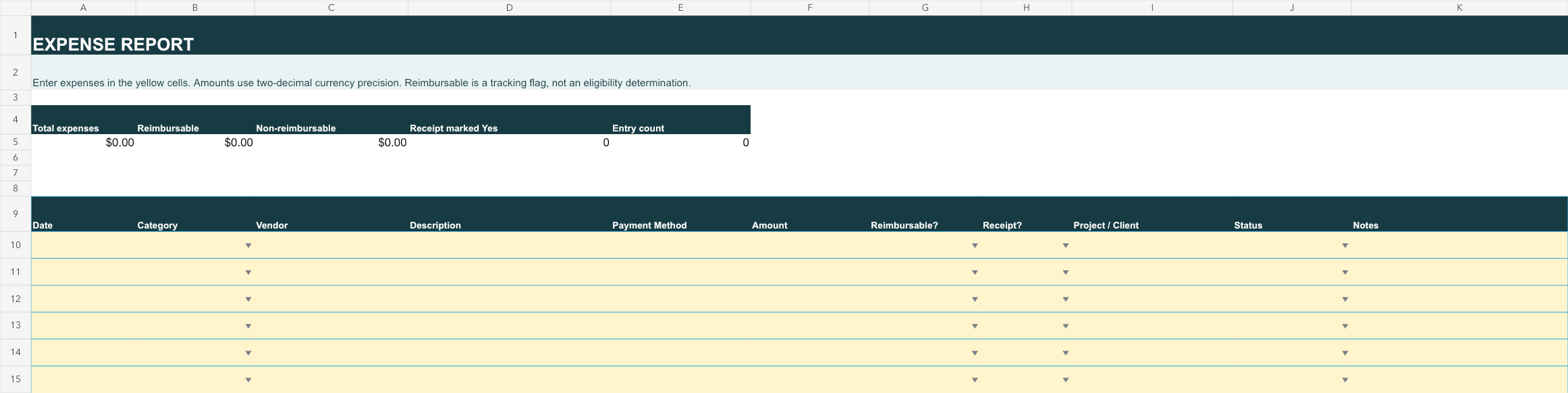 Expense report workbook with automatic total, reimbursable and non-reimbursable amounts, category summary and entry table.
