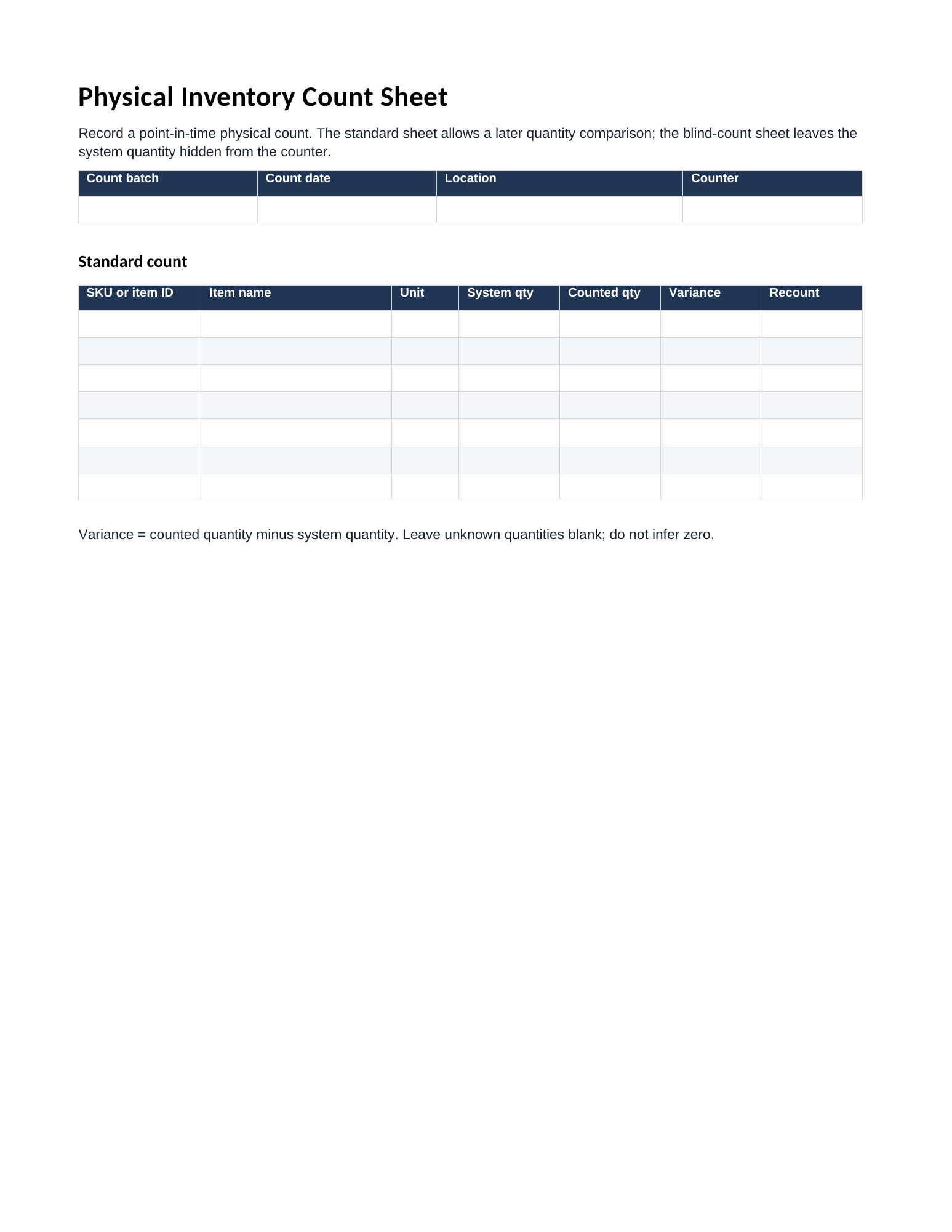 Actual first page of the blank Inventory Count Sheet Template Letter PDF.