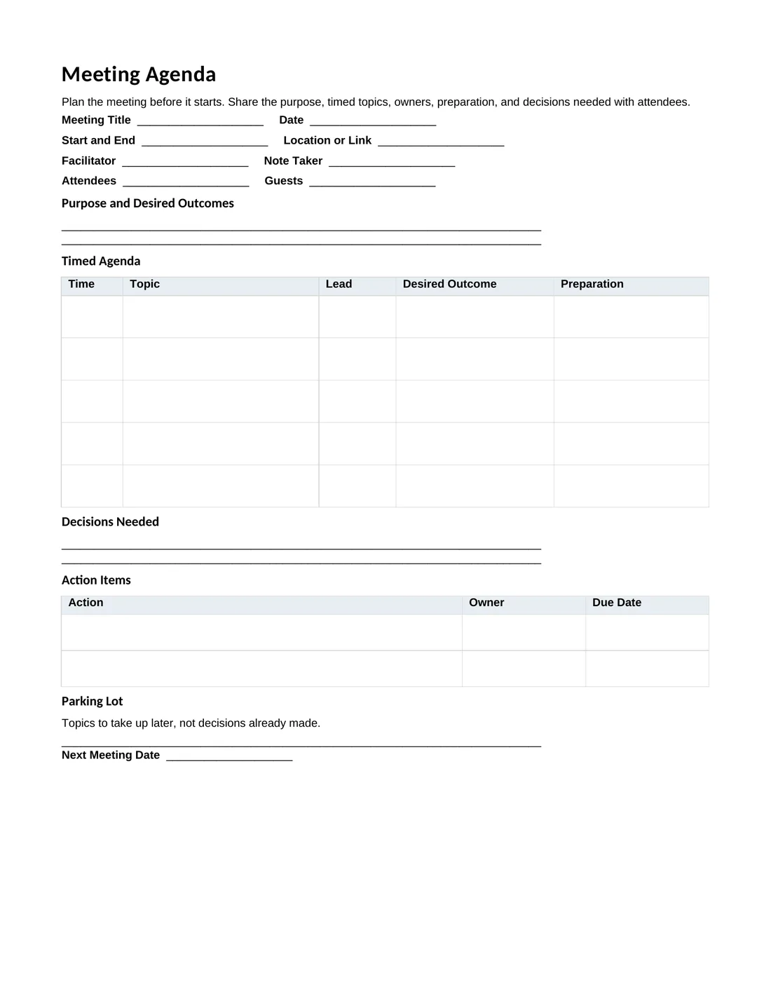 Actual Letter meeting agenda PDF with meeting details, purpose, timed topic table, action items, and parking lot