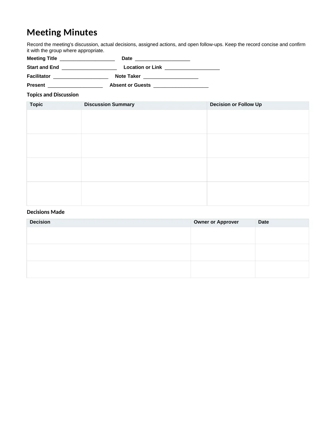 Actual first page of the Letter meeting minutes PDF with attendance, discussion table, and decisions table
