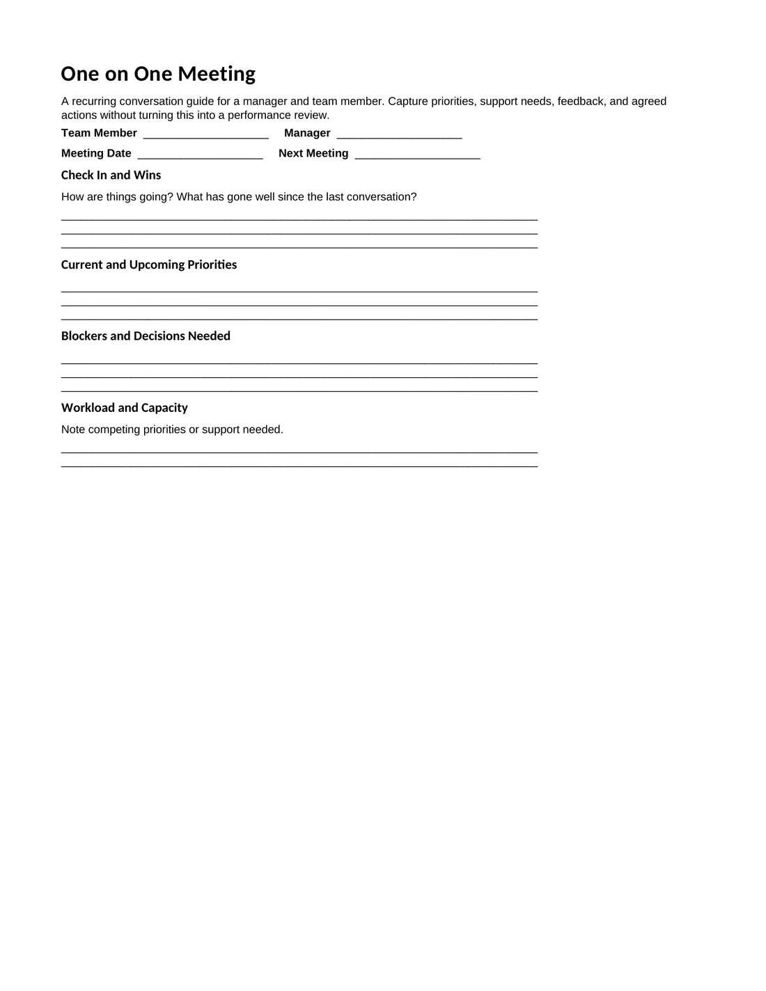 Actual first page of the Letter one-on-one PDF with check-in, wins, priorities, blockers, and workload sections