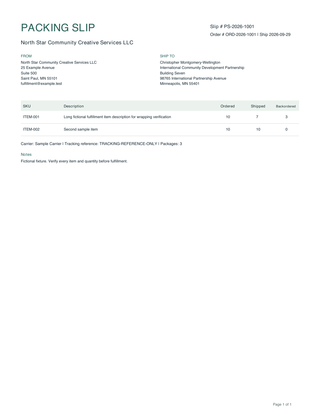 Actual Letter packing slip PDF fixture with fictional addresses and shipment quantities.