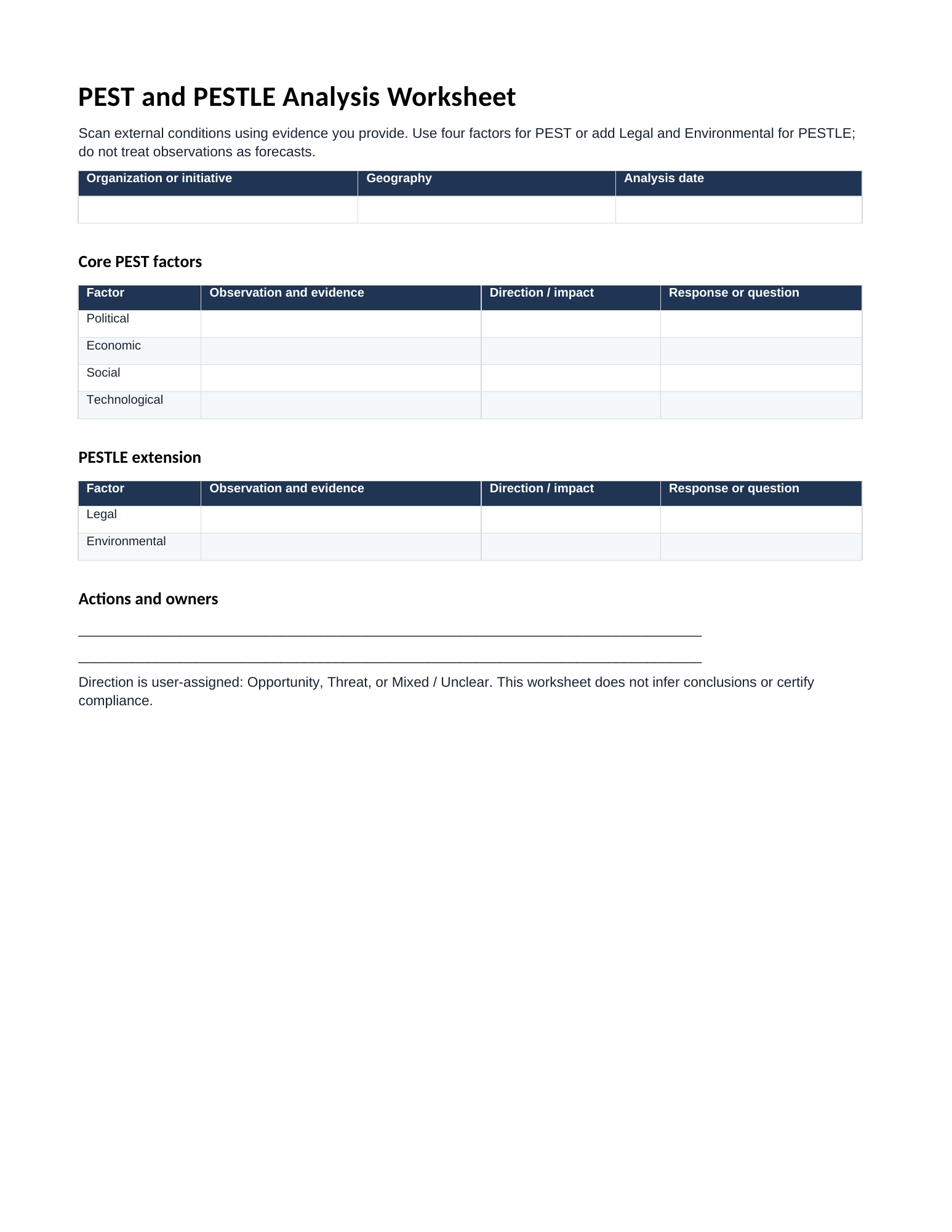 Actual first page of the blank PEST and PESTLE Analysis Template Letter PDF.