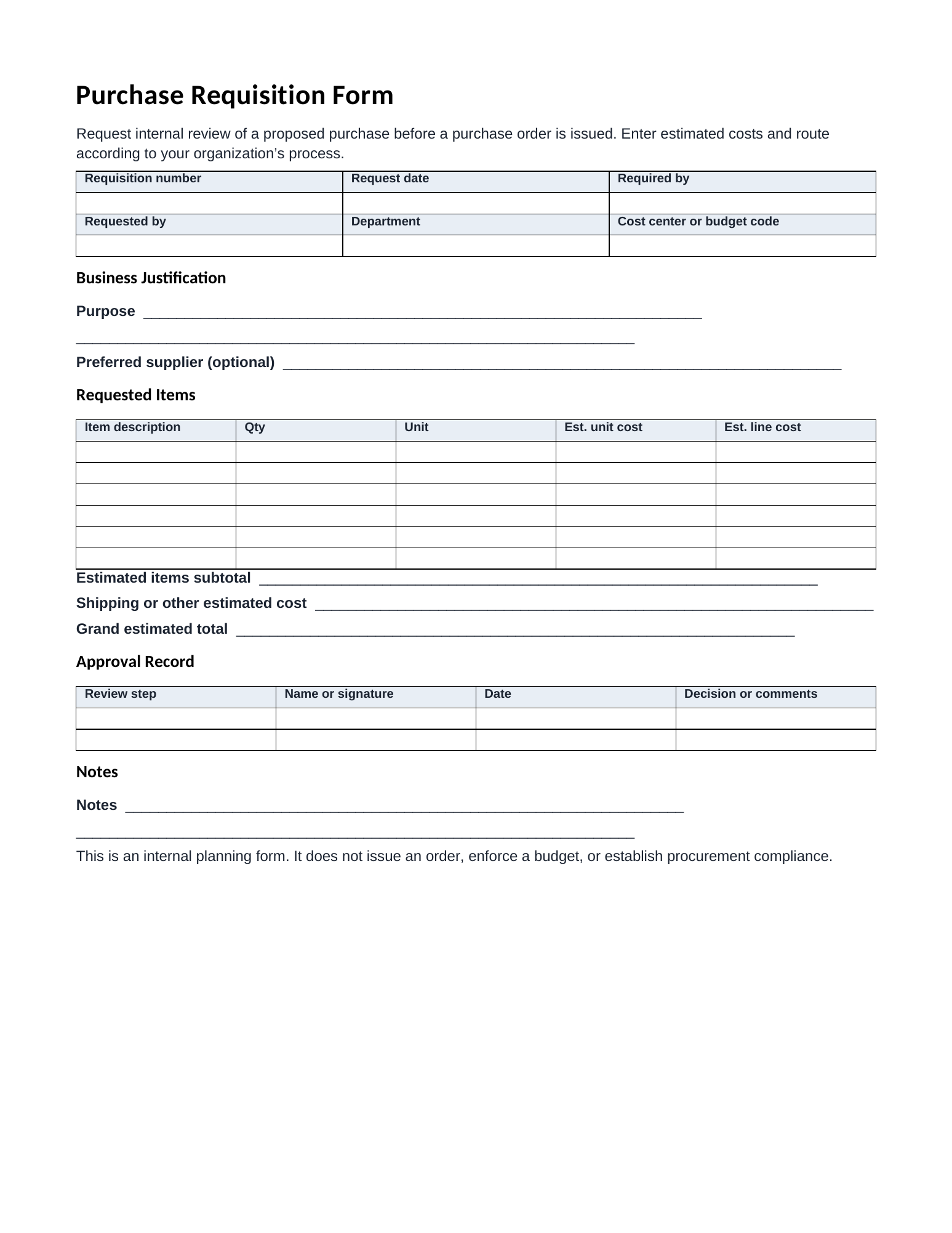 Actual blank purchase requisition PDF showing requester details, item estimates, totals, and approval fields.
