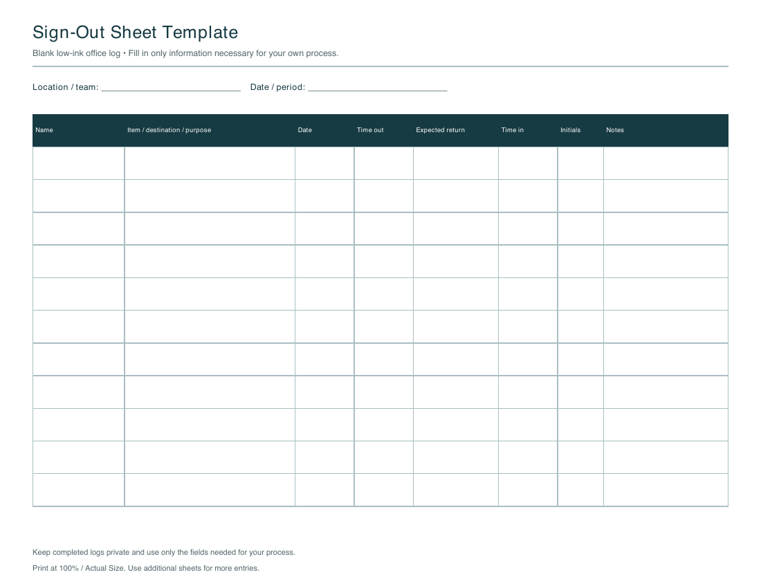 Blank sign-out sheet template PDF with labeled columns and eleven writing rows.