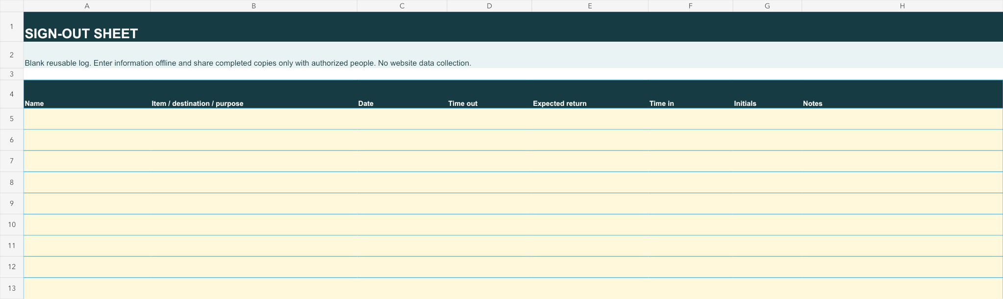 Editable sign-out sheet template workbook with 100 blank sortable rows.