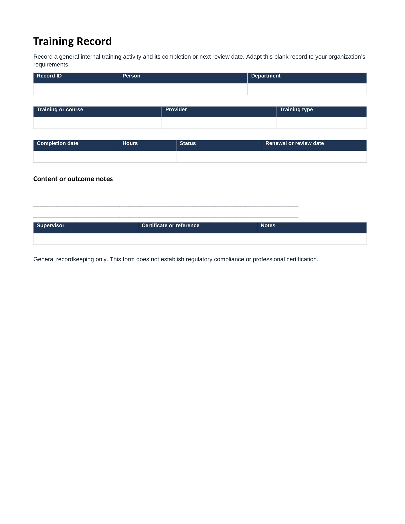 Actual first page of the blank Training Log Template Letter PDF.