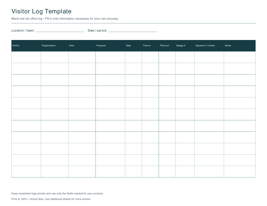 Blank visitor log template PDF with labeled columns and eleven writing rows.