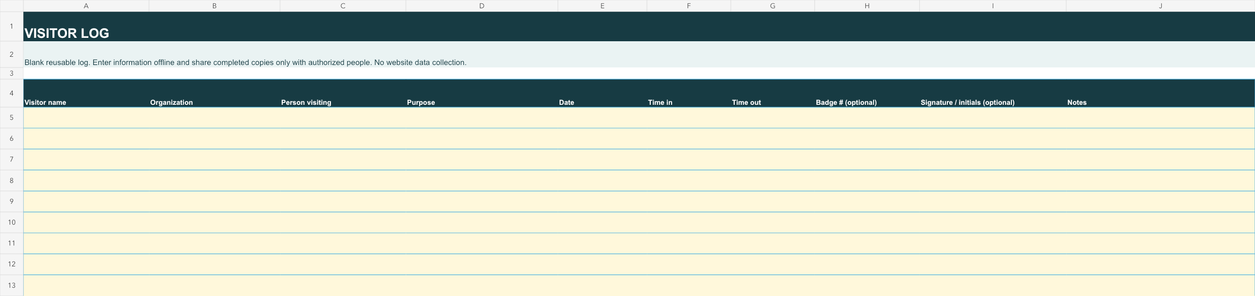 Editable visitor log template workbook with 100 blank sortable rows.